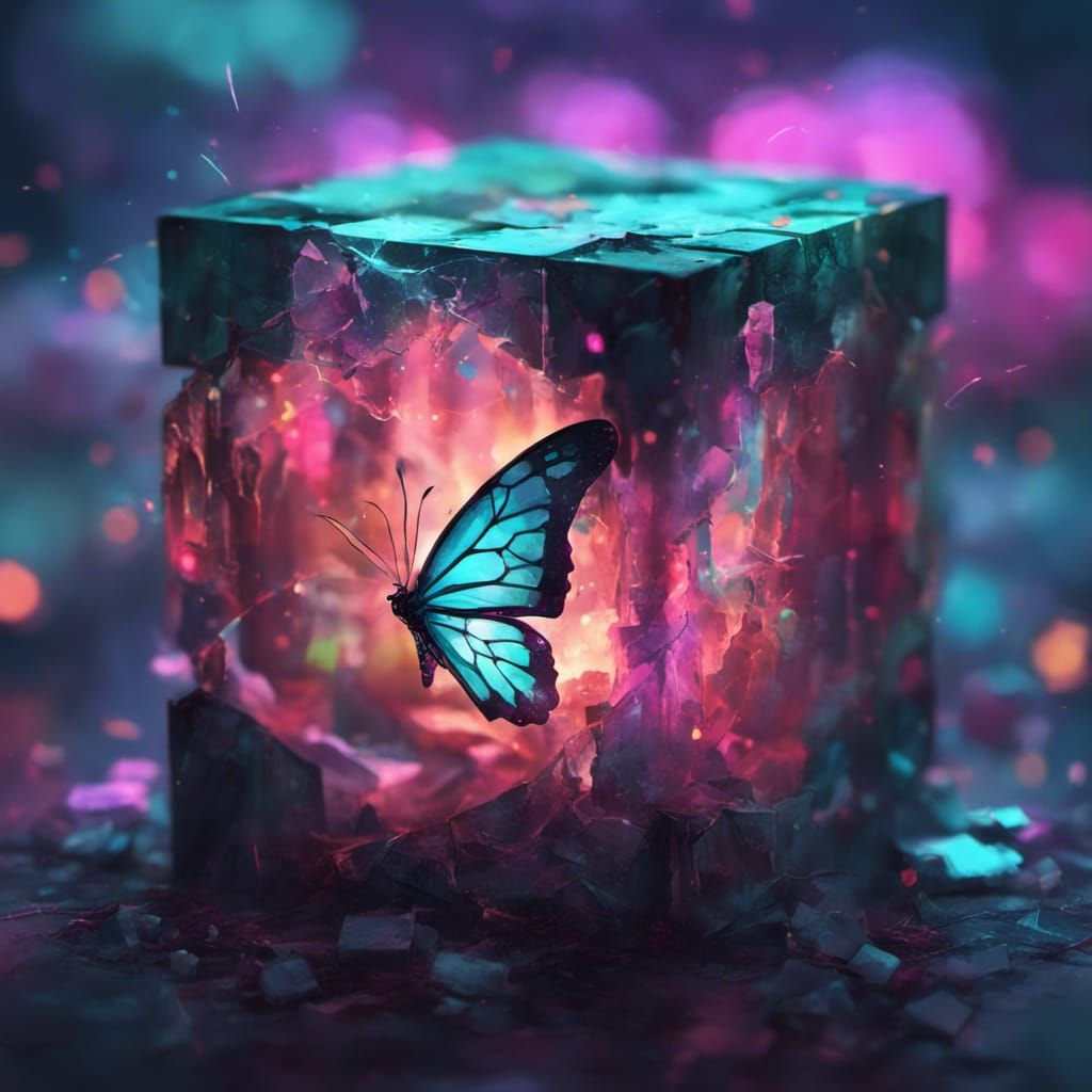 Butterfly in Glowing Cube, Digital Art