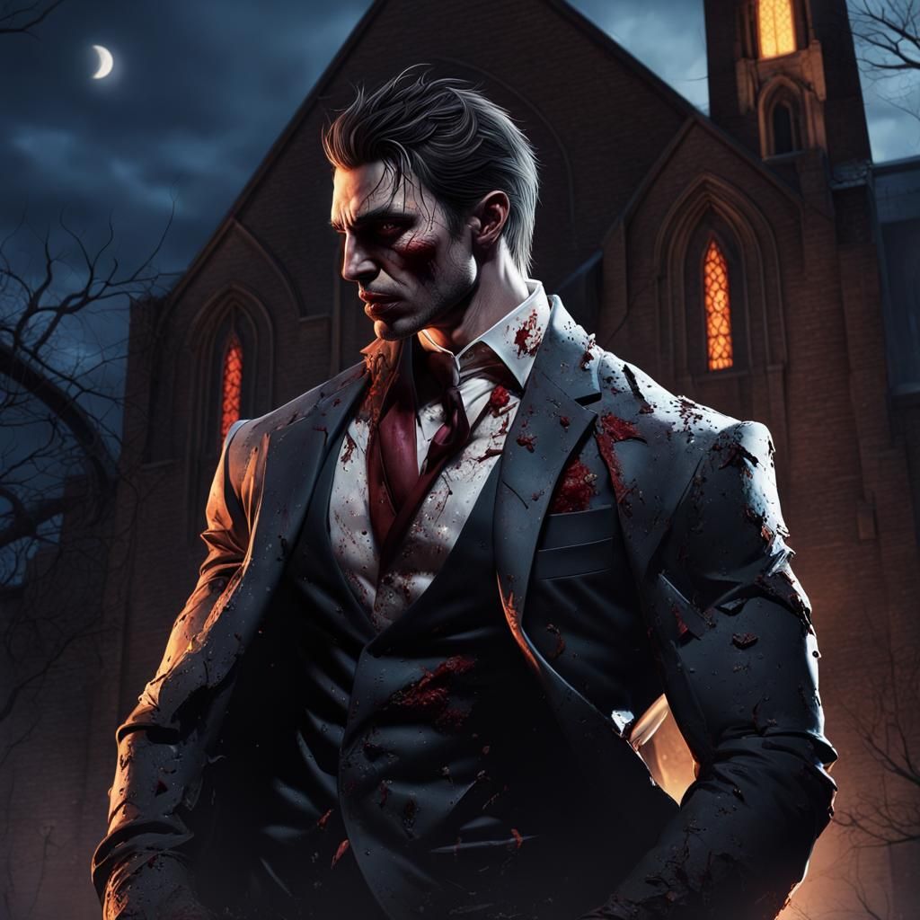 Brooding Vampire in Moonlight, Hyperrealistic Splash Art