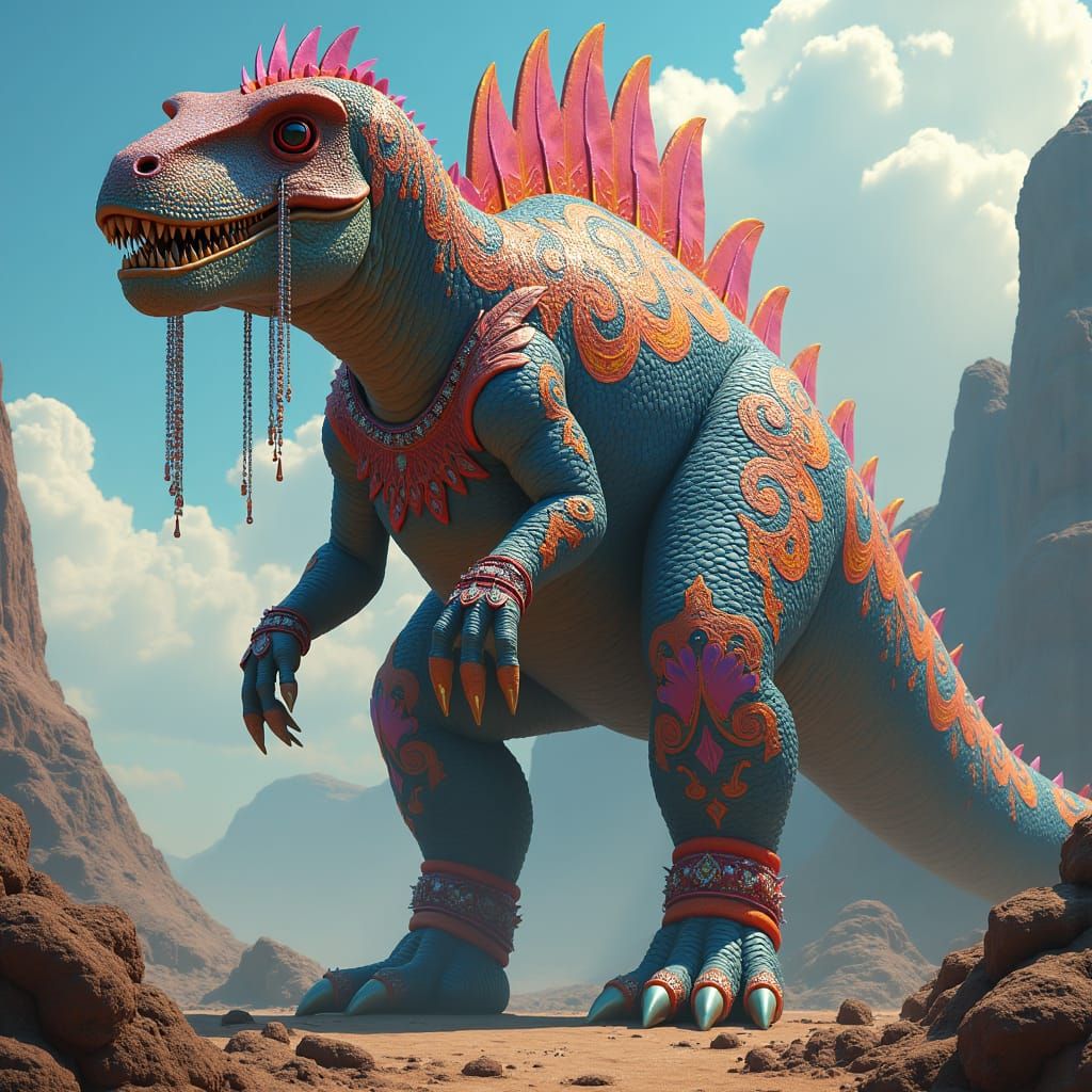 Dinosaur in Colorful Clothing with Futuristic Jewelry