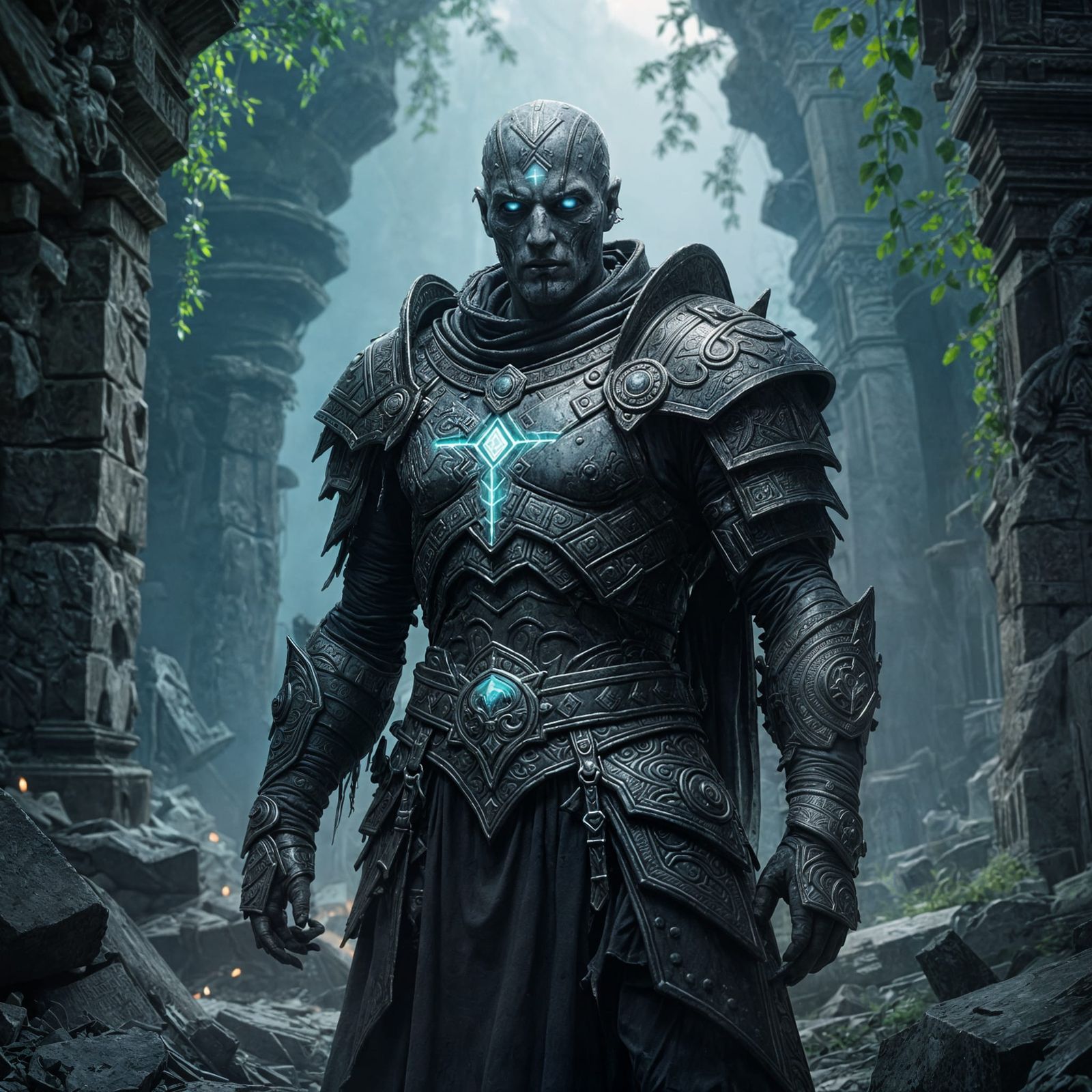 Zombie Champion in Ancient Armor Amidst Temple Ruins