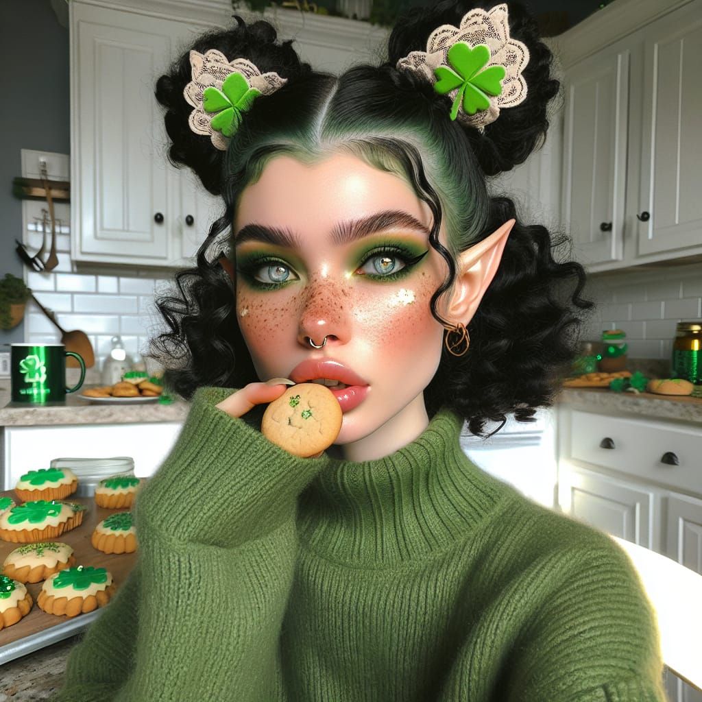 Woman with Elf Ears in St. Patrick's Day Kitchen