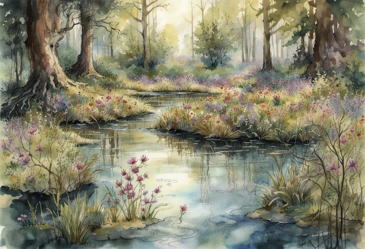 Watercolor Forest Pond with Wildflowers