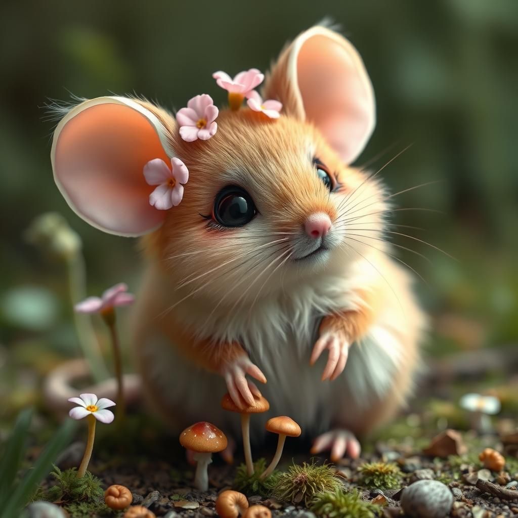 Whimsical Mouse in Garden, Tim Burton Style