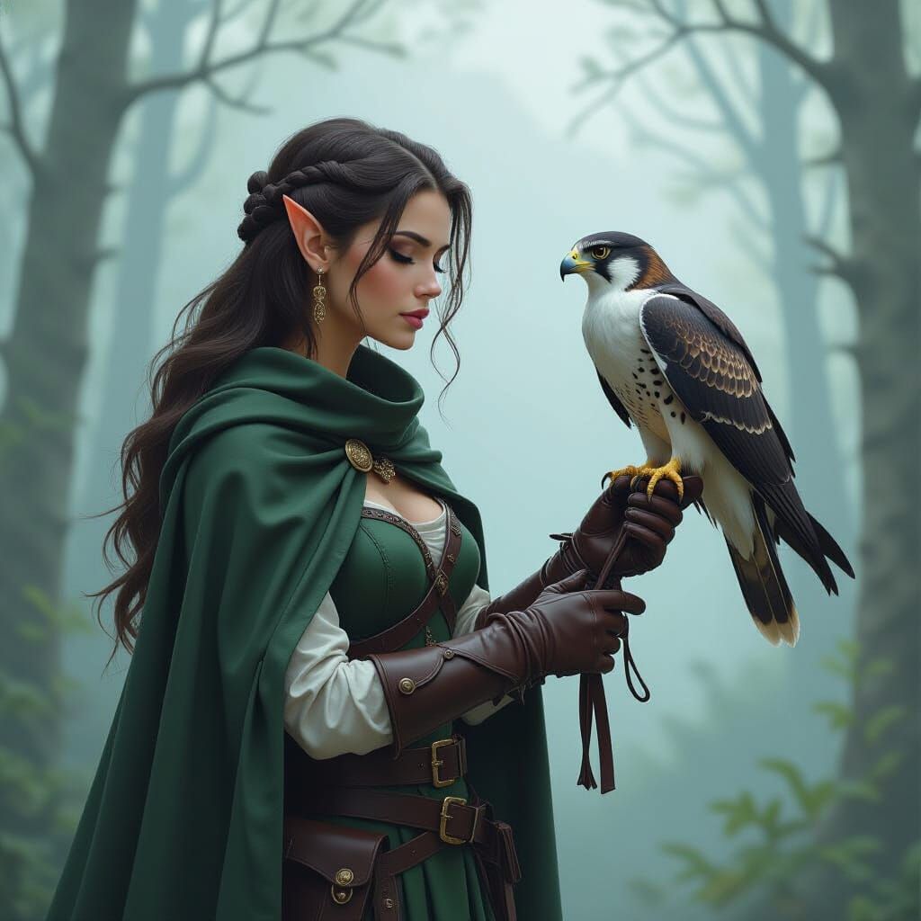 Elven Falconer in Atmospheric Forest, Painterly Realism
