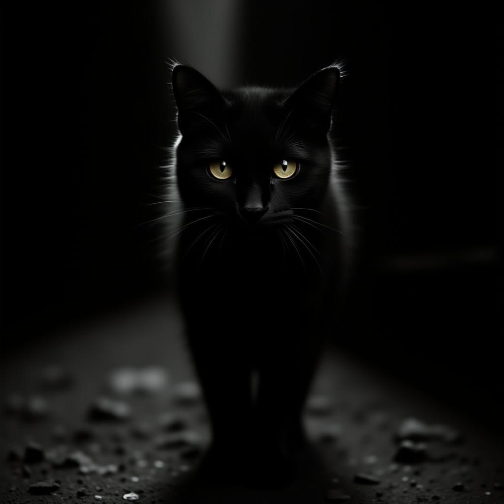 Pitch Black Cat Emerges From Darkness With Piercing Yellow E...