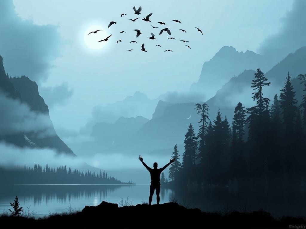 Ethereal Lake Scene with Silhouetted Figure in Dreamlike Lan...