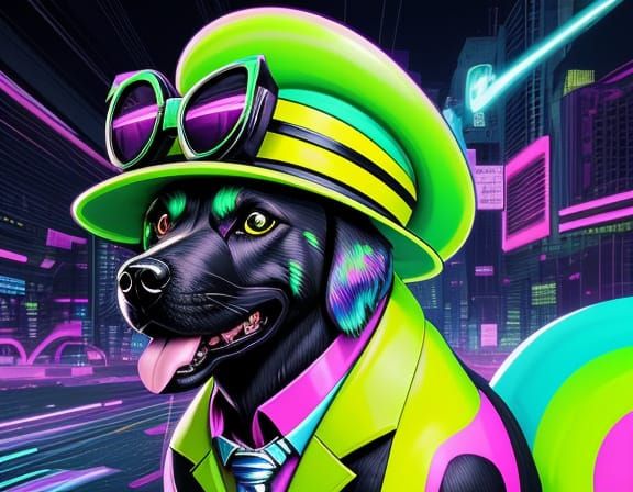 Vaporwave Dog Dances in Glitchy Neon Cityscape