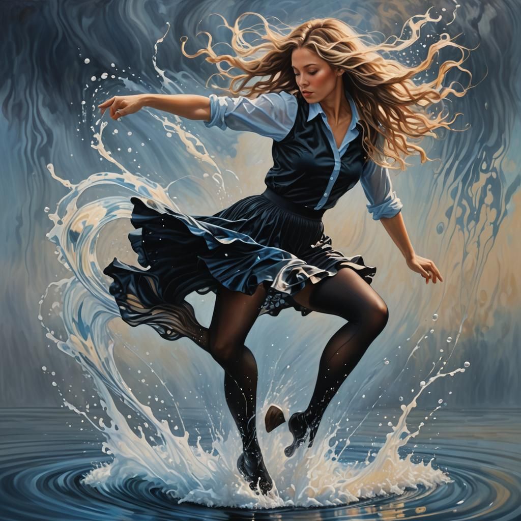 Woman Dancing on Water in Hyperrealistic Splash Art