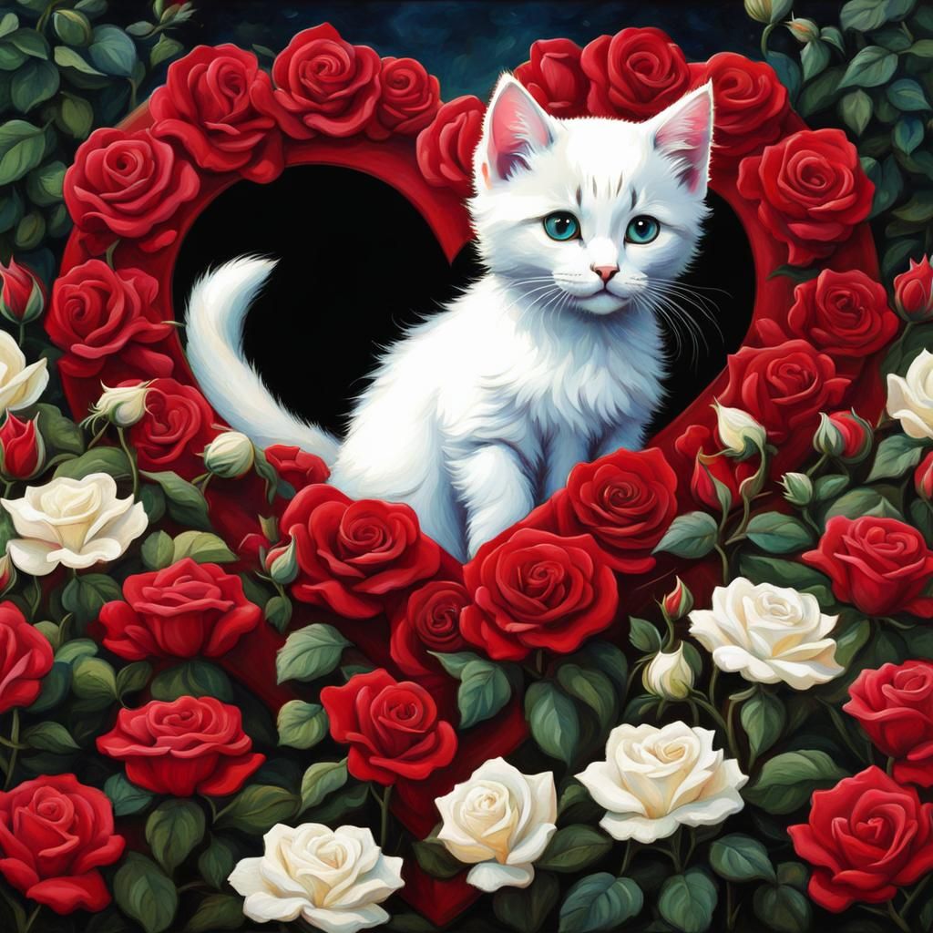 Anime Kitten in Heart of Red Roses