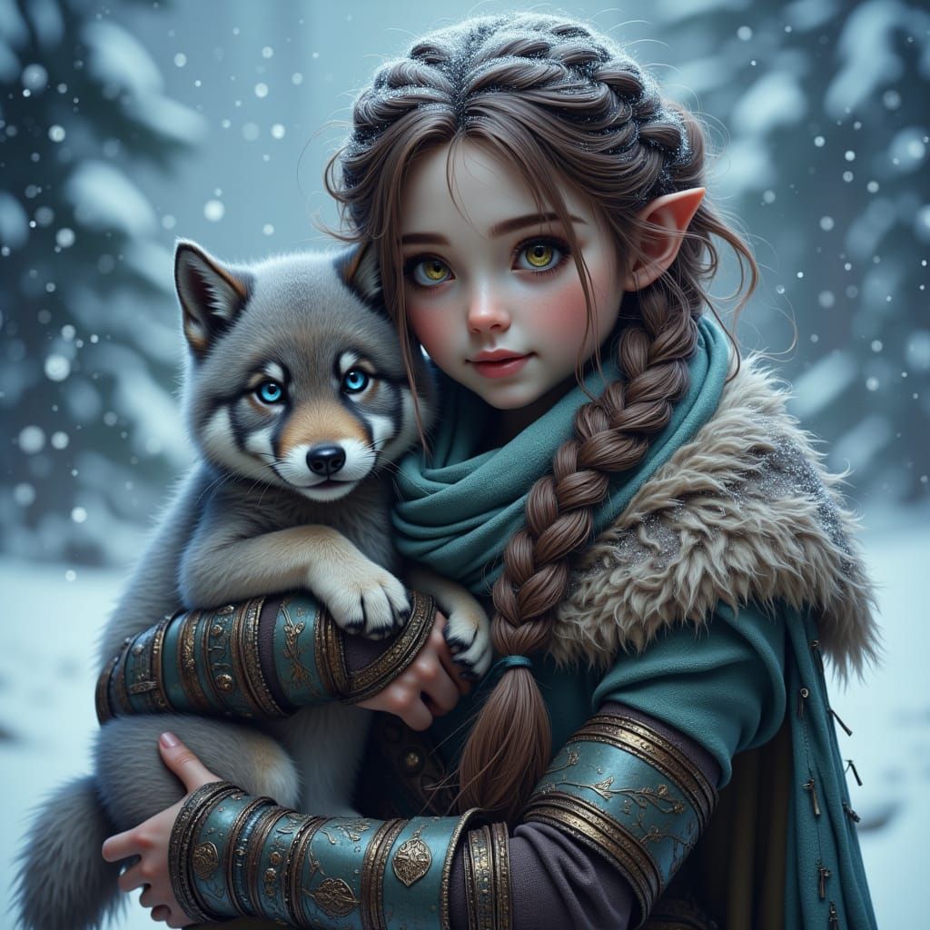 Elven girl holding her wolf cub during a snowstorm in the woods