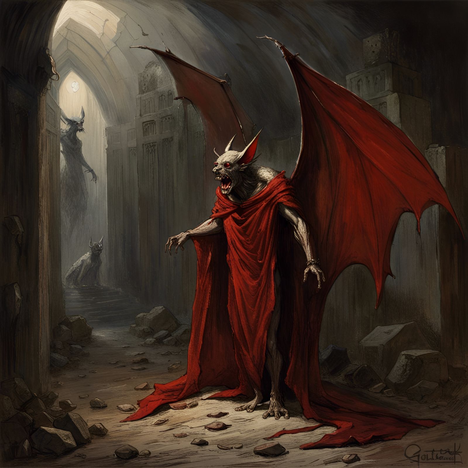 Winged Bat Creature Emerges from Tomb