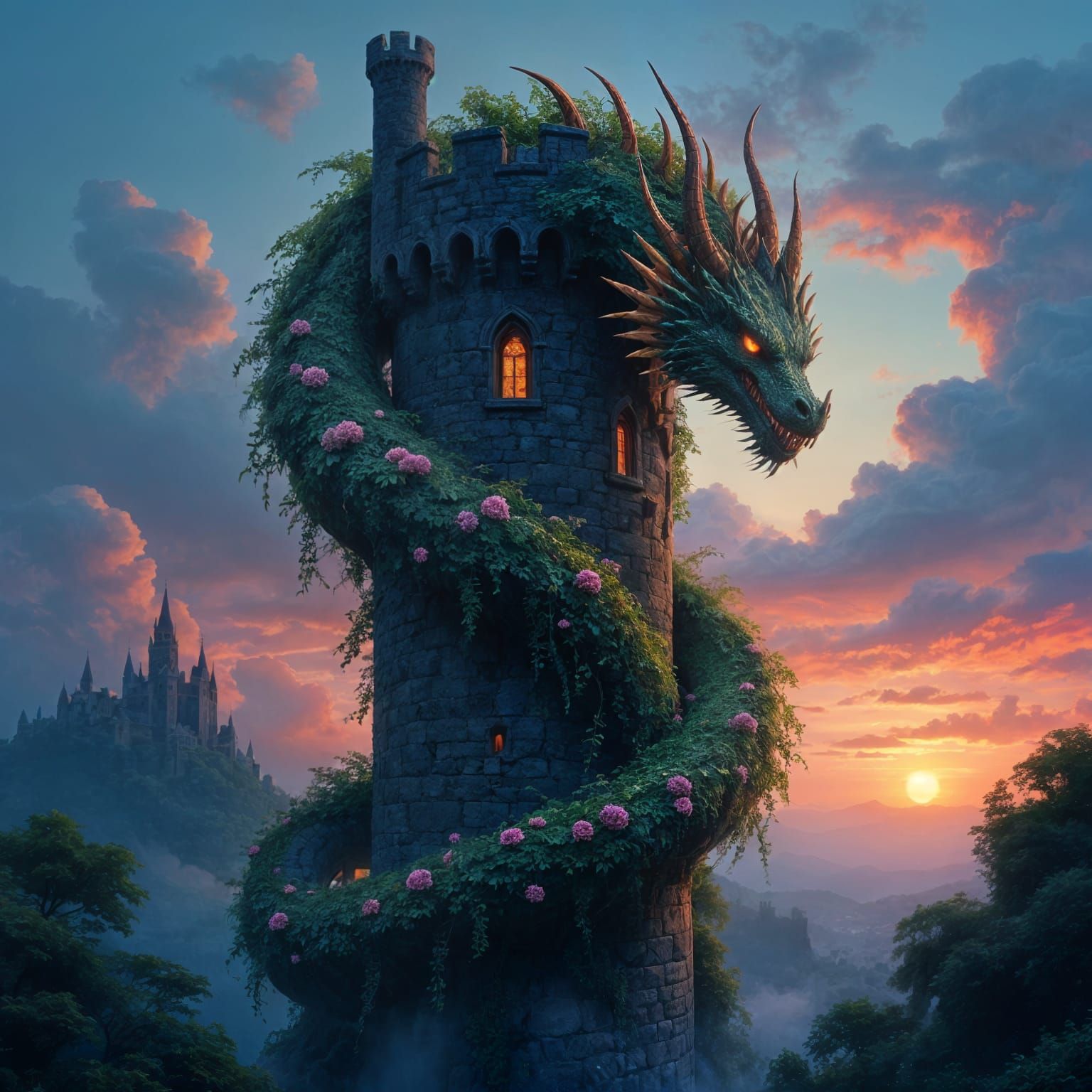 Floral Dragon Guarding Stone Tower at Twilight