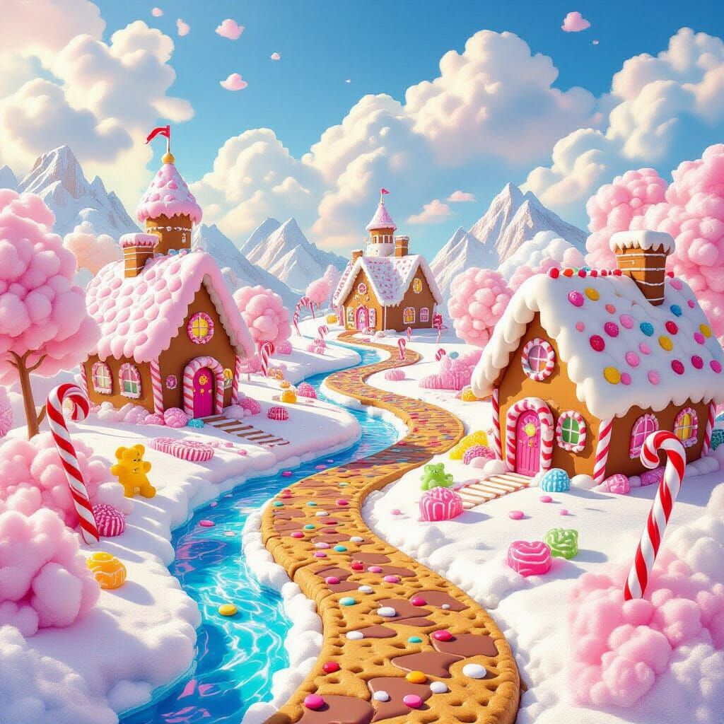 Whimsical Candy World with Chocolate River and Gummy Bears