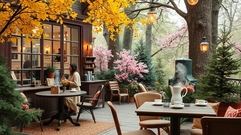 Charming Forest Coffee Shop in Watercolor and Ink Style