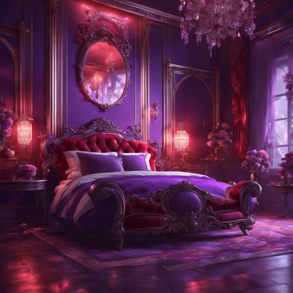 Luxurious Red and Purple Boudoir Scene in Anime Style