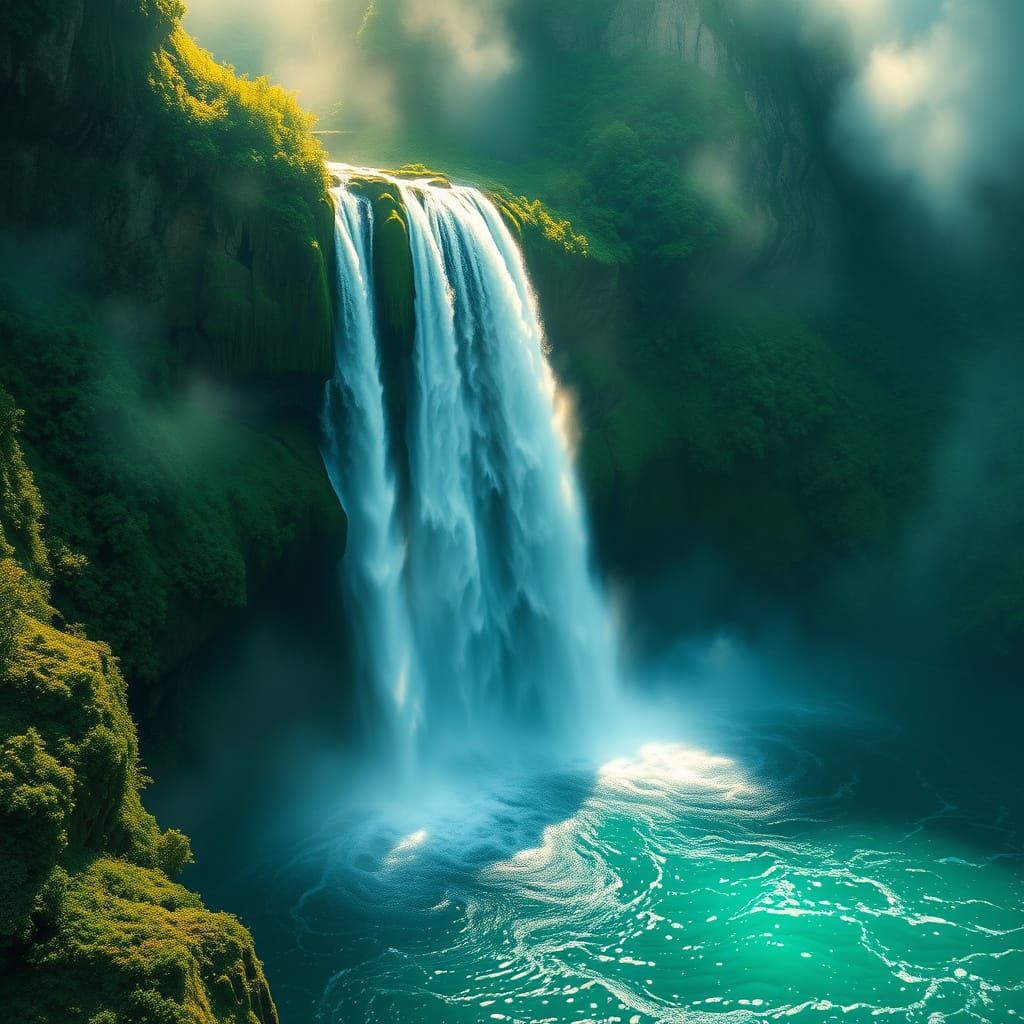 Surreal Emerald Waterfall Illuminated by Sunlight