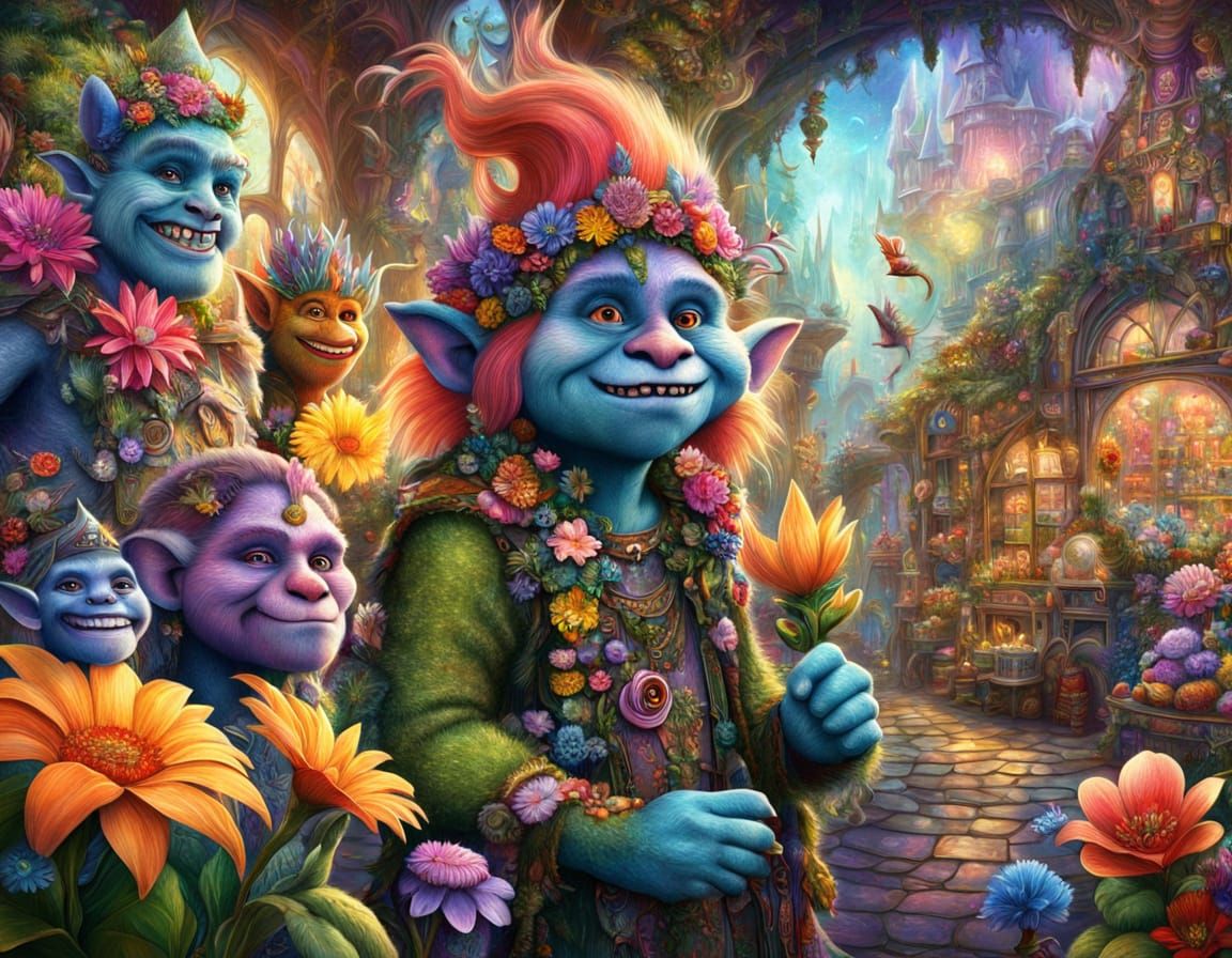 Mythical Trolls Sell Enchanted Flowers in Cosmic Art