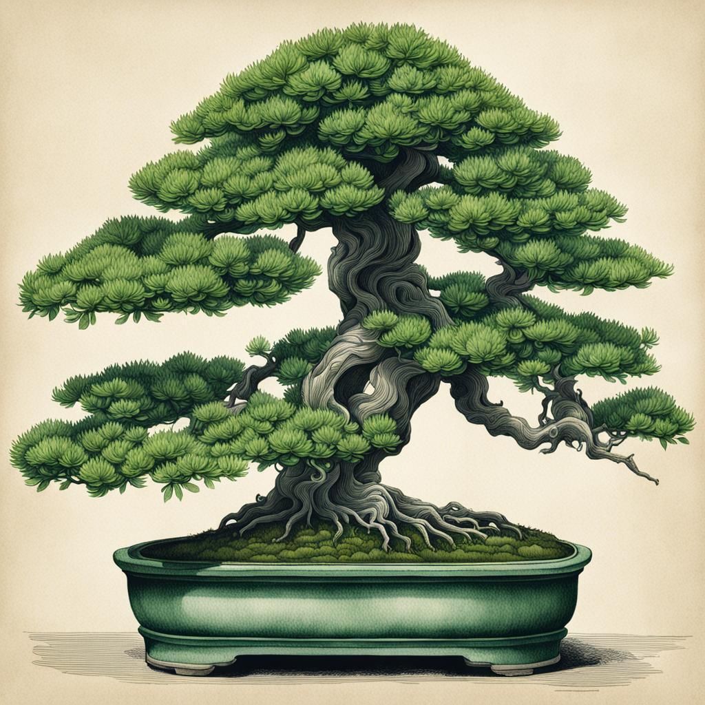 Detailed Ink Illustration of a Green Bonsai Tree