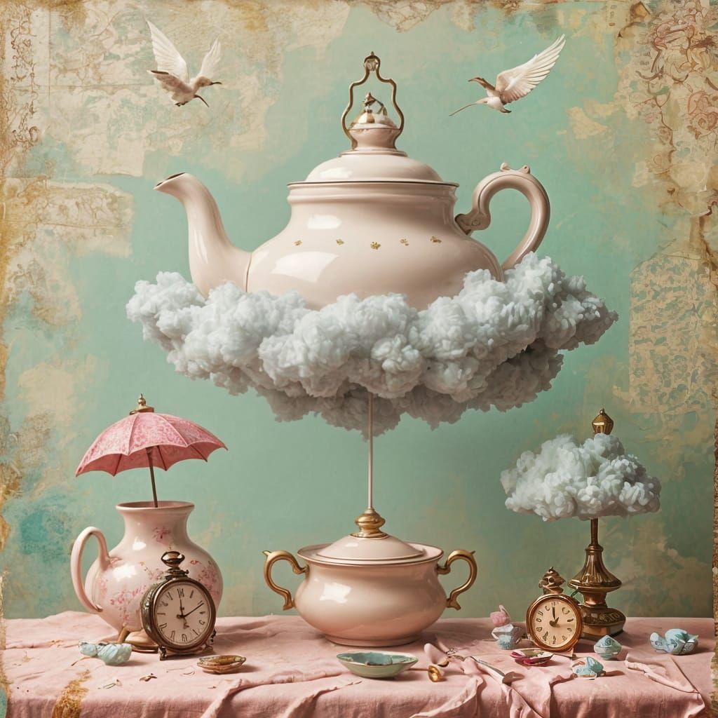 Dadaist Still Life with Floating Teapot in Airbrush Style