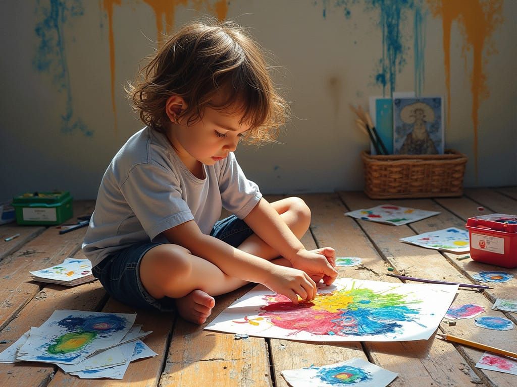 Vibrant Child's Masterpiece in Dramatic Gouache and Watercol...