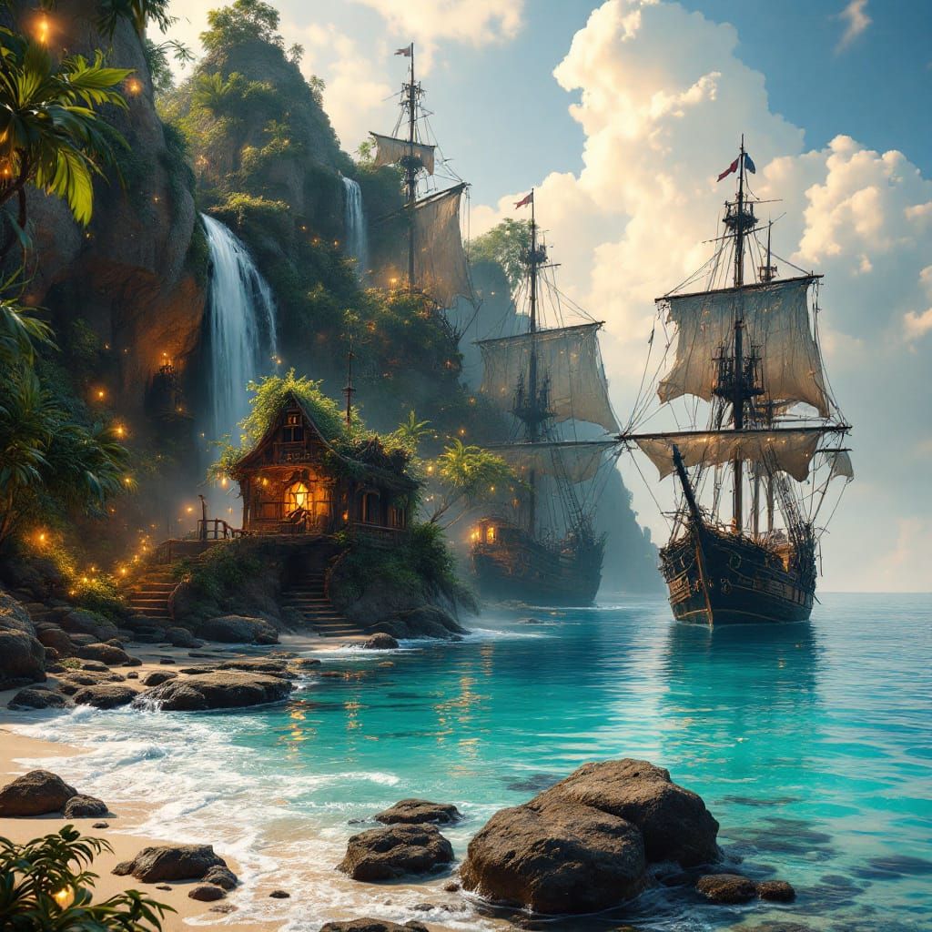 Mystical Pirate Hideout Behind Waterfall in Digital Art