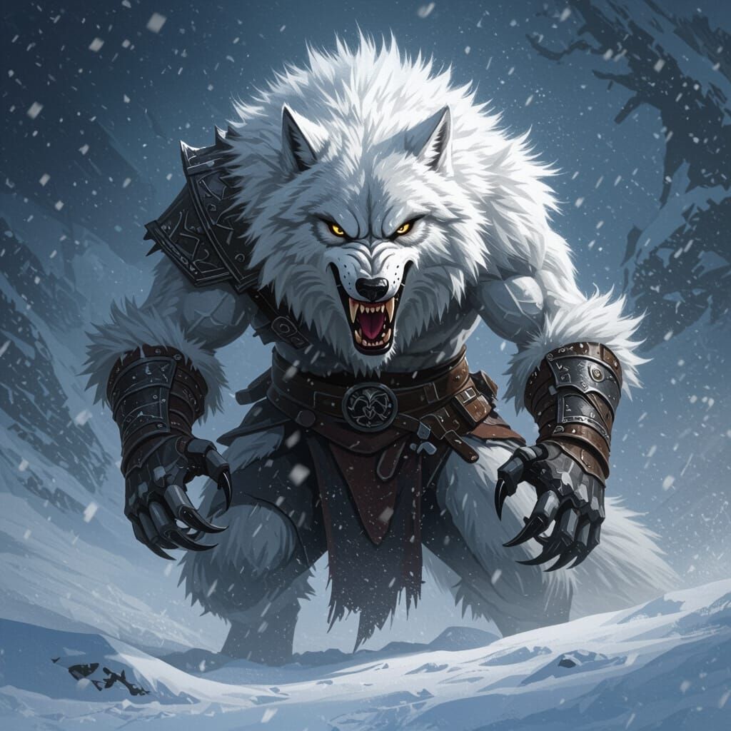 White Wolf Warrior in Snowstorm