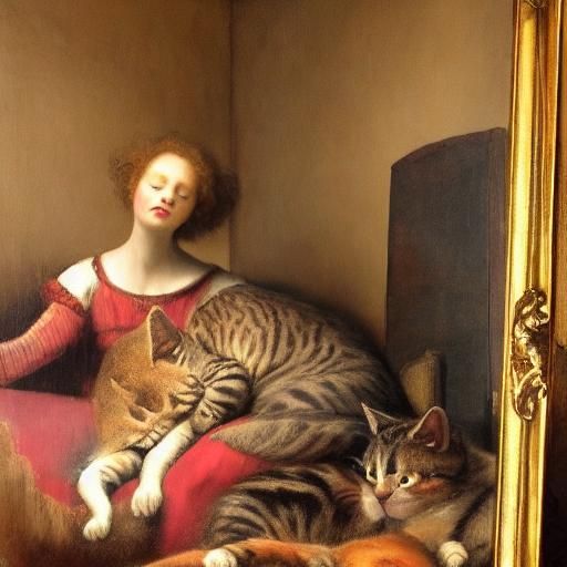Dreamlike Fantasy Art: Woman Surrounded by Cats