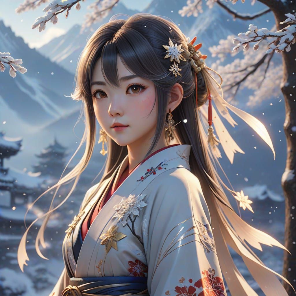 Majestic Japanese Fairy in Winter Wonderland