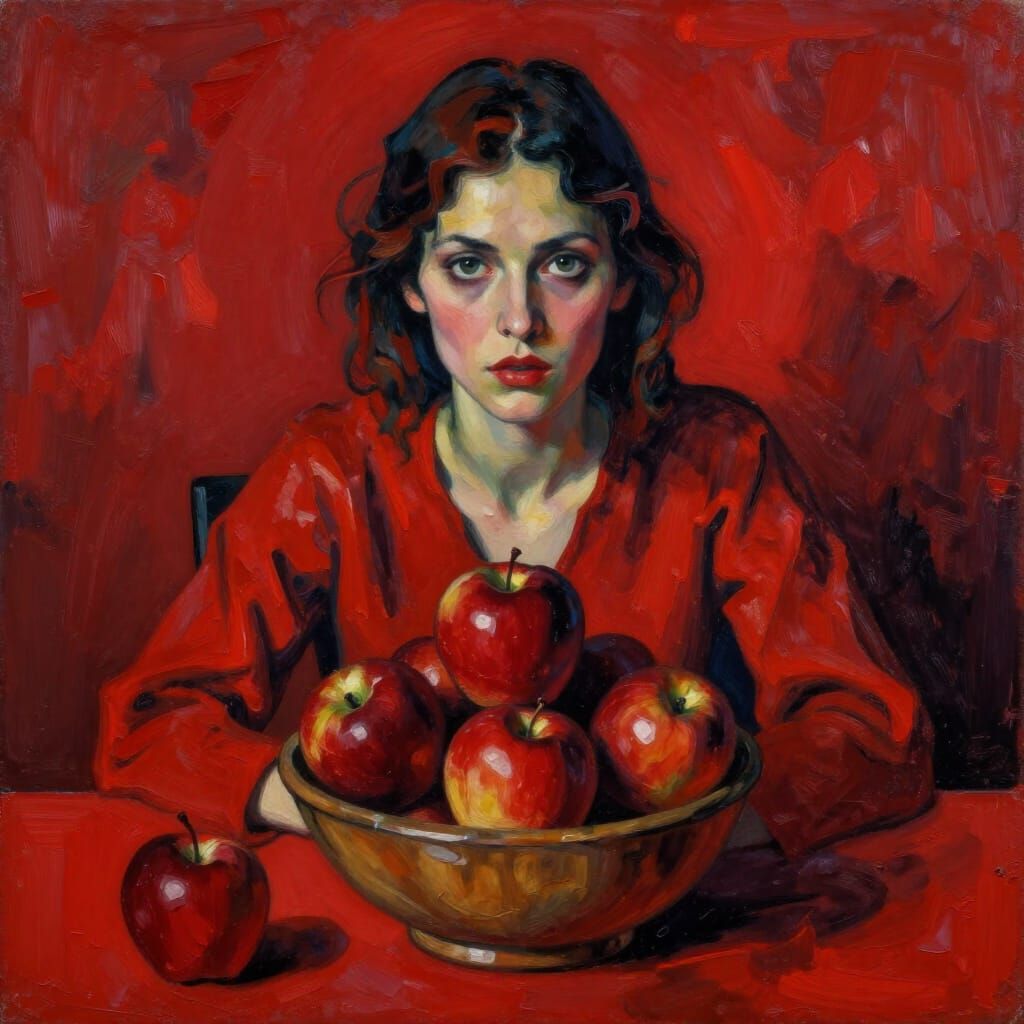 Intense Woman at Red Table with Apples