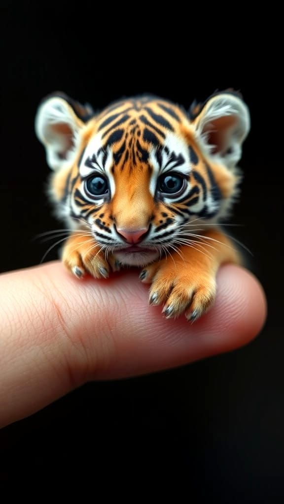 Photorealistic macro shot of a miniature baby tiger perched on a human thumb. The extreme close-up emphasizes the delica...