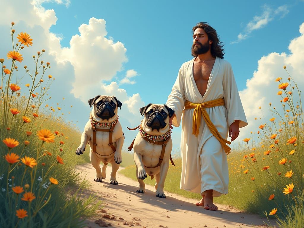 Pugs Walk with Christ in a Vibrant Floral Paradise