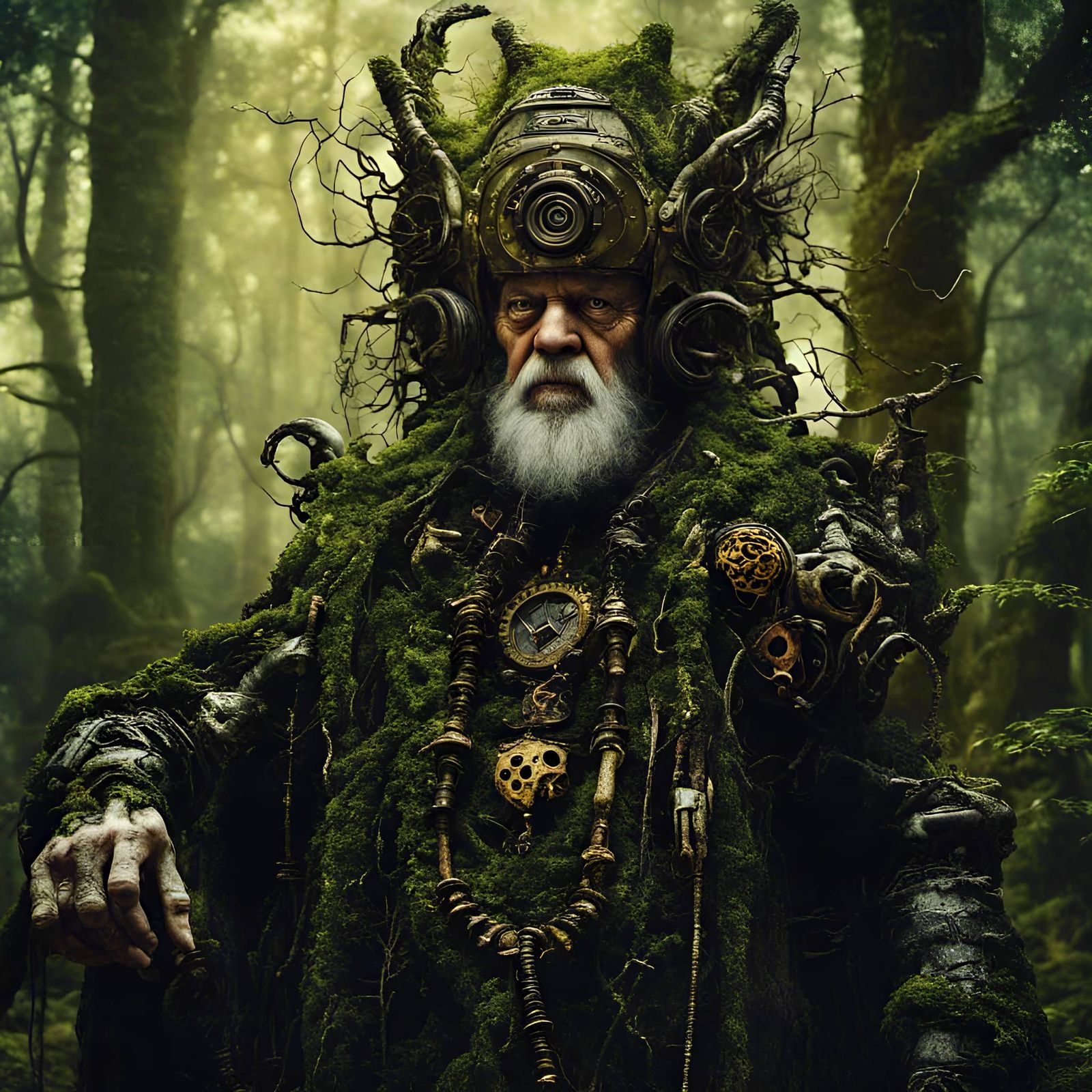 Steampunk Druid in Mossy Forest, Digital Art