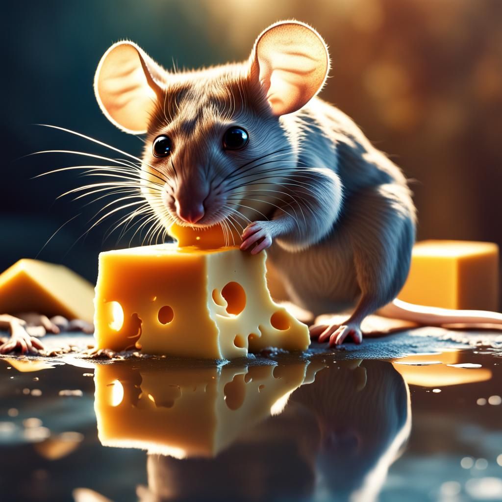 Mouse Eating Cheese in Hole with Reflection