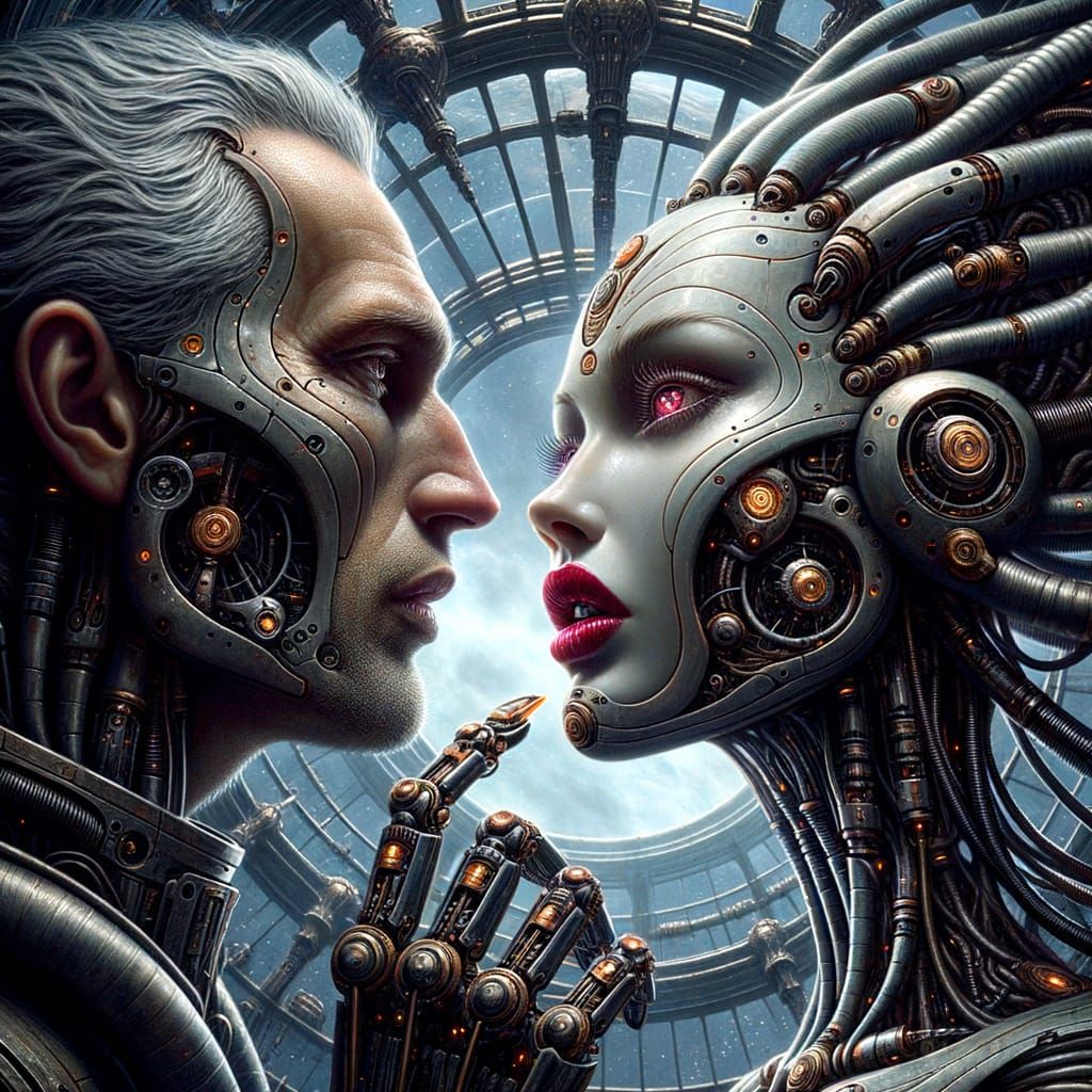 Nyxara, biomechanical siren goddess, stands across from a lone space commander in a haunting cathedral of metal and star...