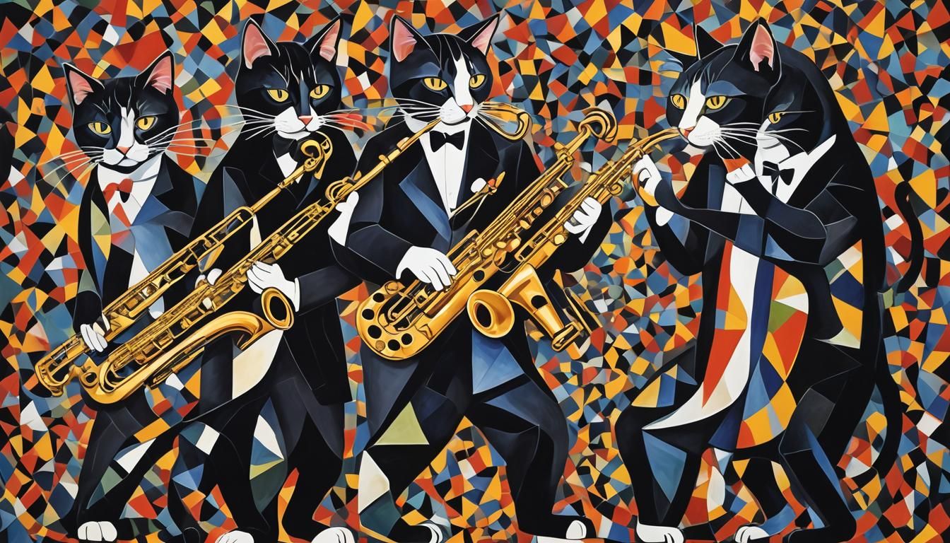 Cubist Cat Jazz Musicians in Oil Painting Style