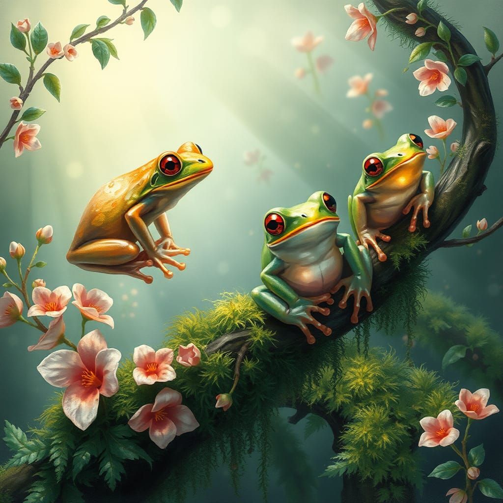 Translucent Frogs in Dreamlike Botanical Illustration