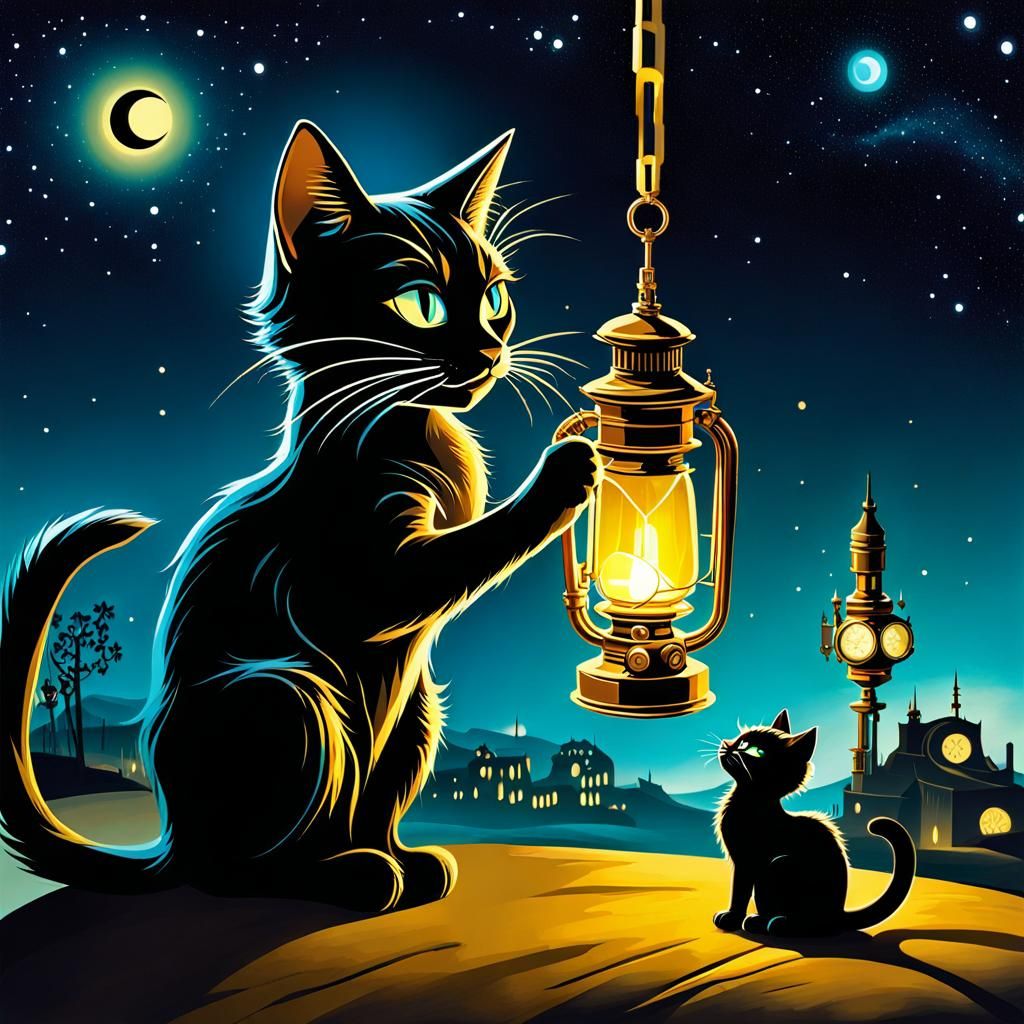 Firefly and Steampunk Cat in Surreal Bioluminescent Night
