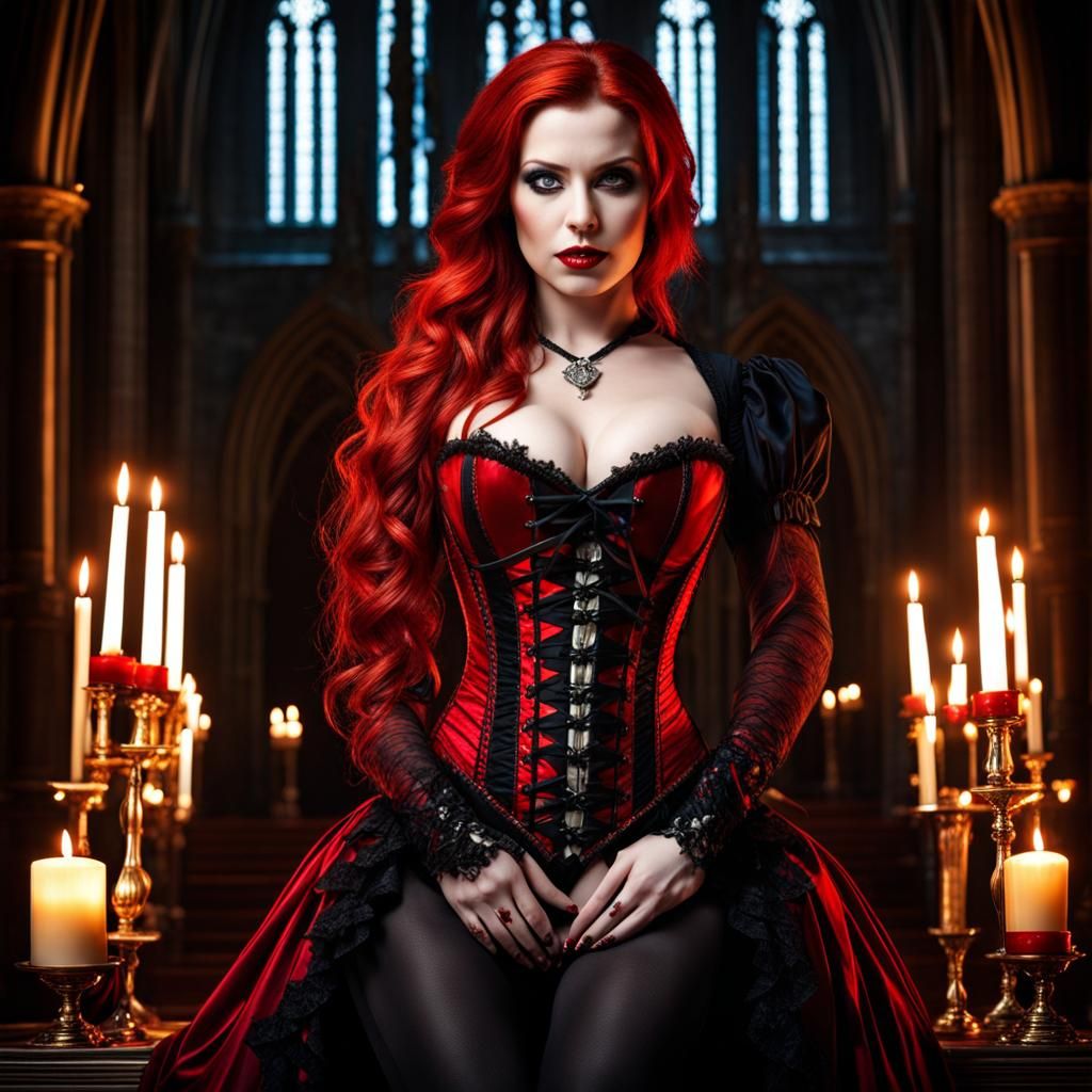 Redhead Vampire in Gothic Cathedral with Candles
