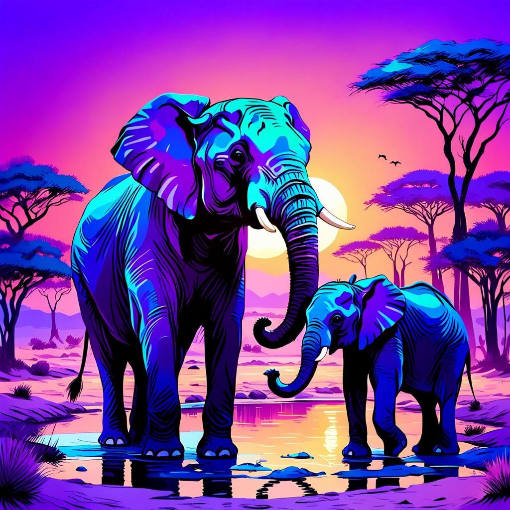 Elephant Family at Oasis in Abstract Style