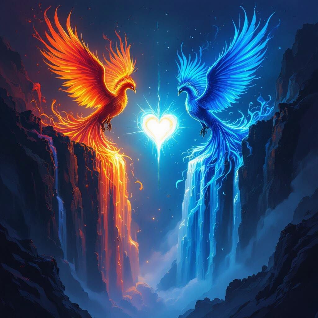 Dual Phoenixes and Fiery Waterfall with Heart