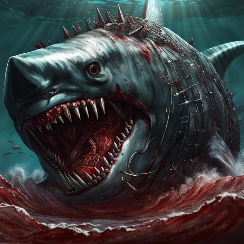 Mega Metal Robot Megalodon Devouring Humans