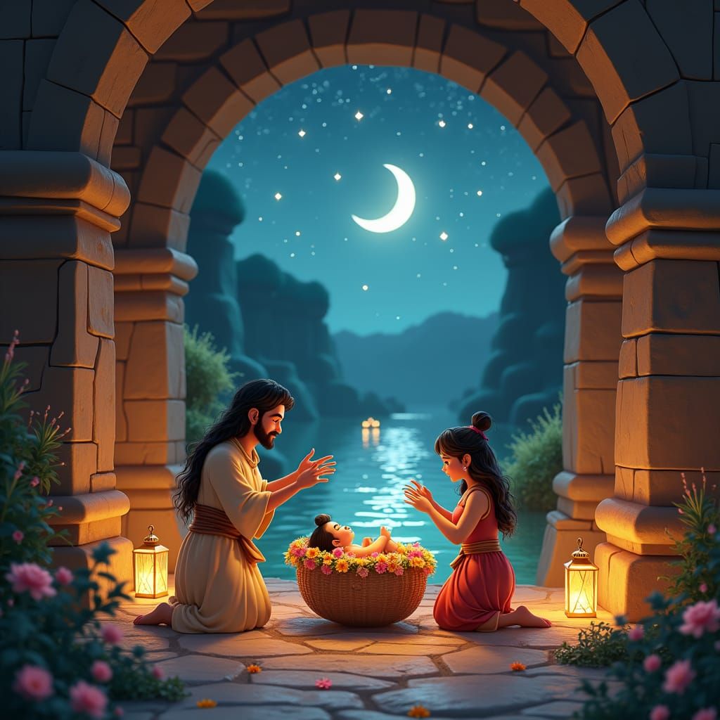 Lord Krishna's Birth: 3D Cartoon Watercolor