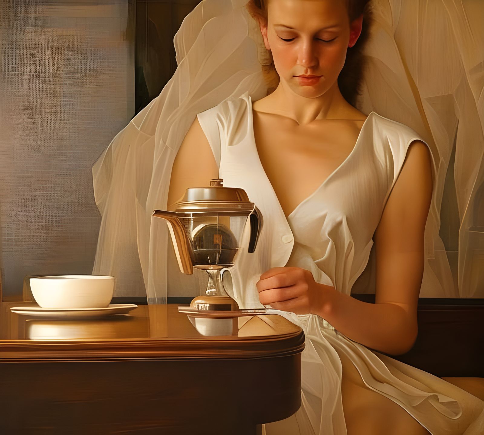 Beautiful Woman Enjoying Tea in Cafe: Photorealistic Portrai...