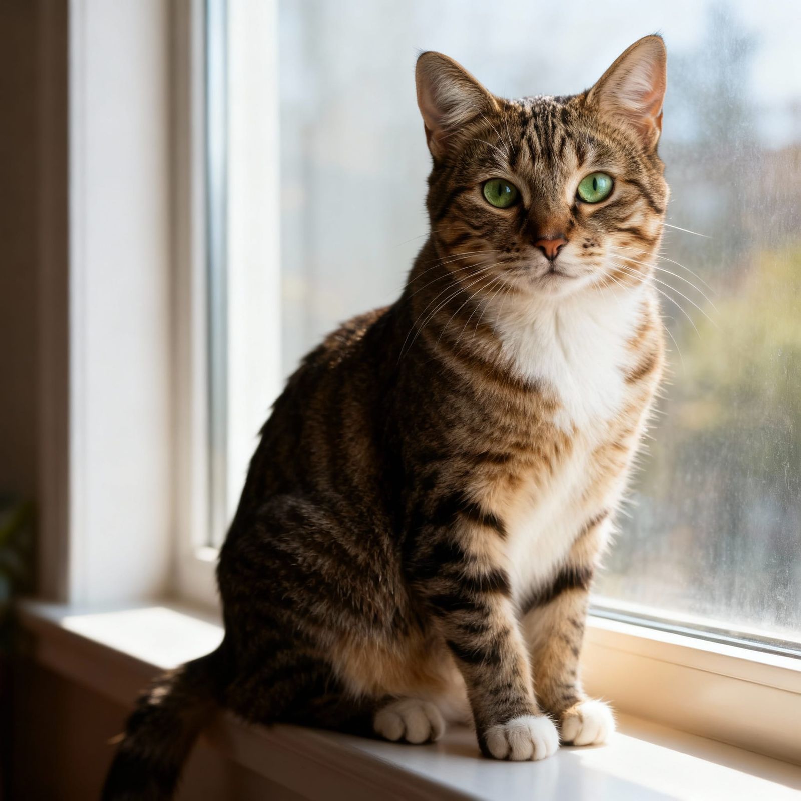 Photorealistic Cat with Emerald Eyes on Windowsill