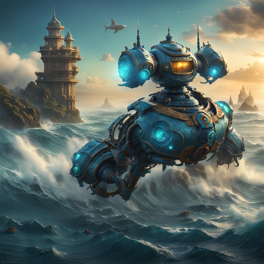 Surreal Robot with Ocean Backdrop in Detailed Matte Painting