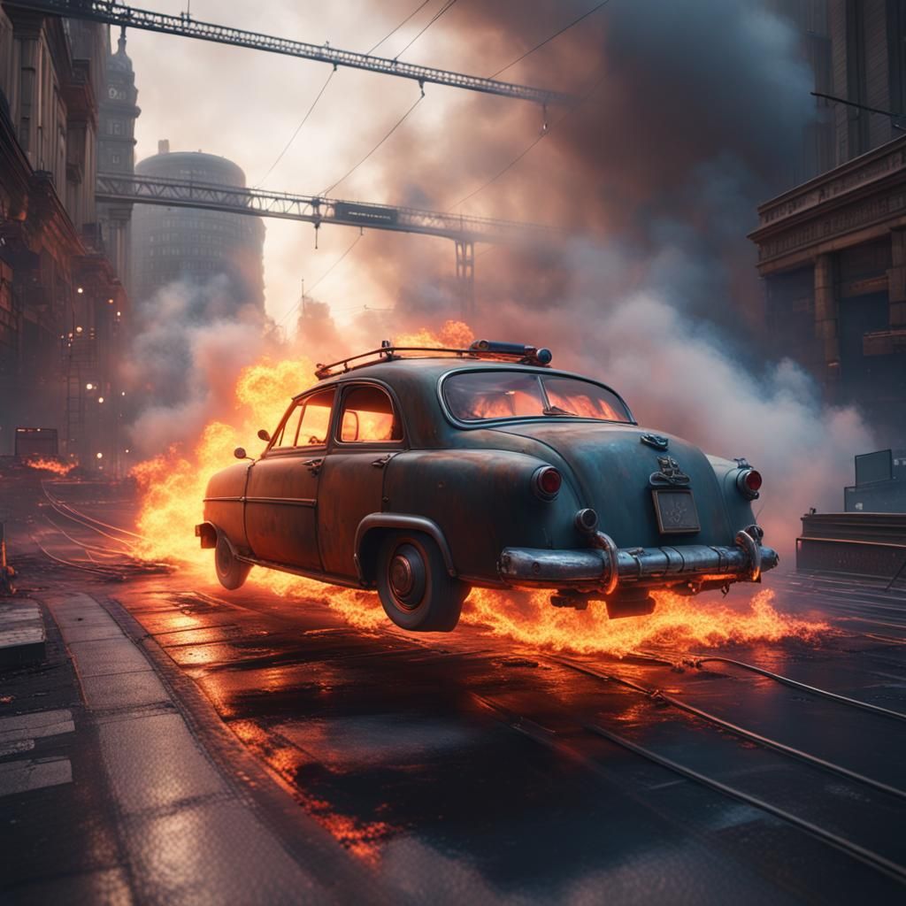 Burning Car Near Metro: Detailed Matte Painting