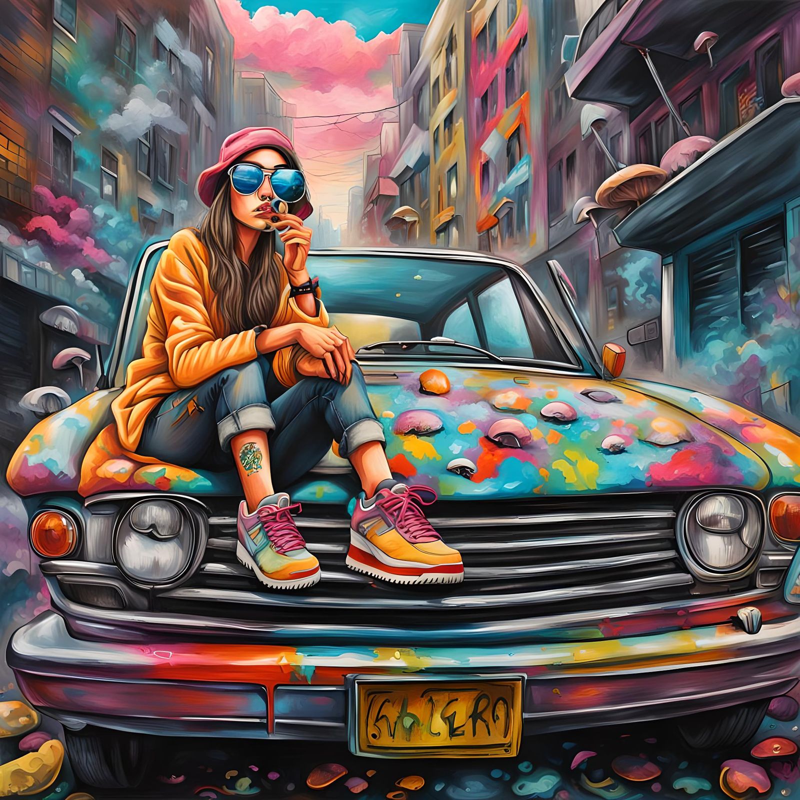 Downtown Graffiti Art of Woman Smoking