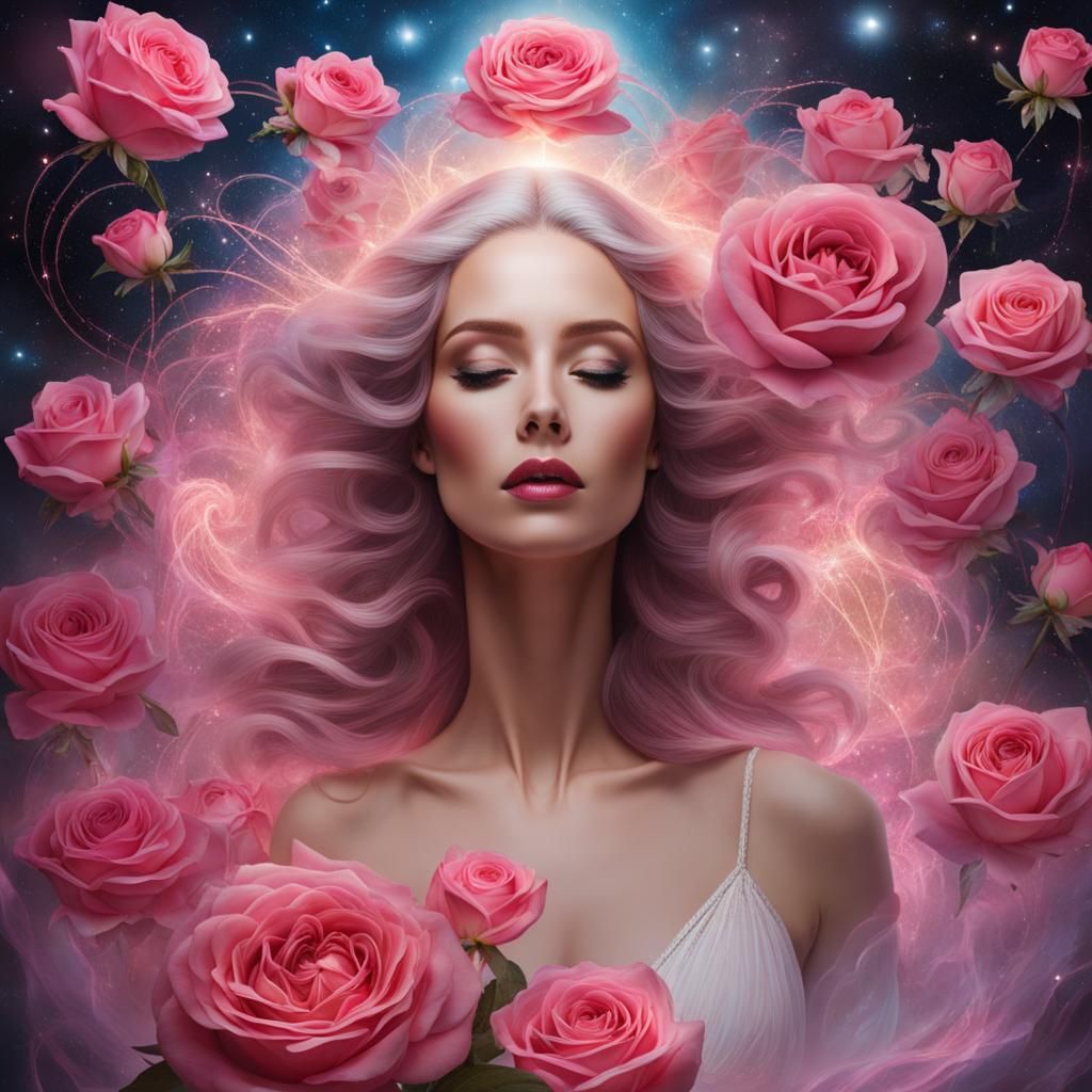 Ethereal Woman Surrounded by Roses in Space