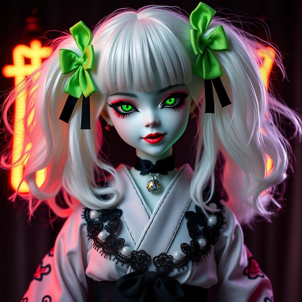 Gothic Geisha Goddess with Neon Hair Bows