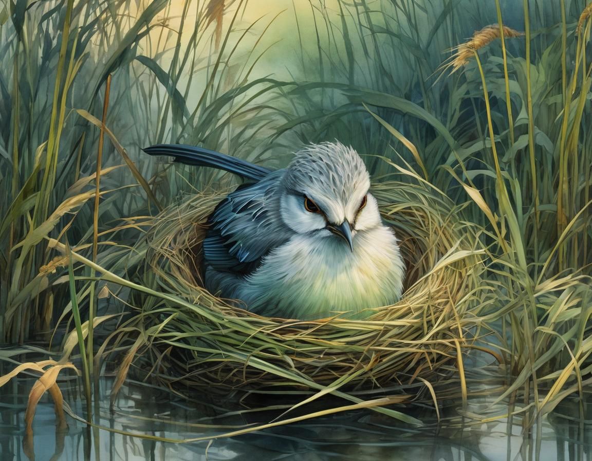 Bird's Nest in Reeds: Watercolor Illustration